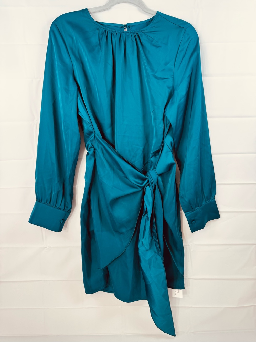 G&Y Teal Satin Wrap Dress Long Sleeve Tie Front Large